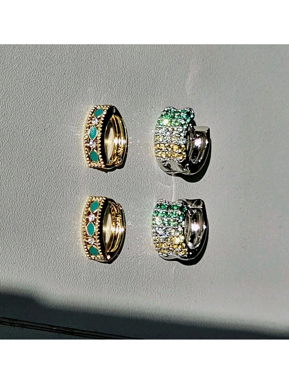 Lot of 2 Huggie Hoop Earrings Gold Silver Tone Pavé CZ Green Yellow Ombre